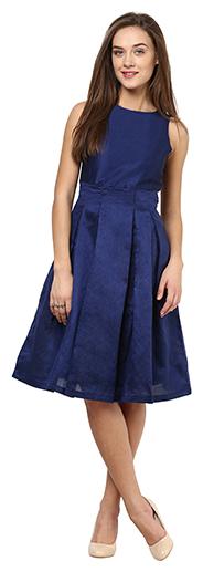 

Women Navy Blue Round Neck Sleeveless Pleated Midi Skater Dress