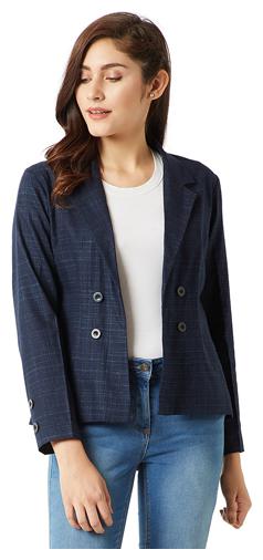 

Women Navy Blue Open Front Full Sleeve Cotton Solid Button Detailing Paneled Blazer