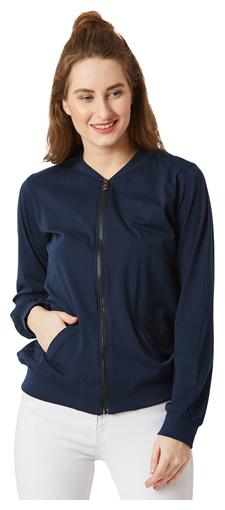 

Women Navy Blue Round Neck Full Sleeve Cotton Solid Bomber Jacket