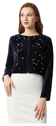 

Women Navy Blue Round Neck Solid Pearl Detailing Crop Velvet Jacket