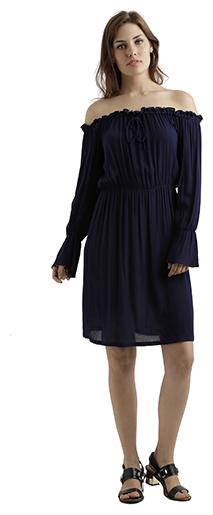 

Women Navy Blue Off-Shoulder Full Sleeve Solid Bardot Style Knee Long Gathered Tie Up Fit and Flare Dress