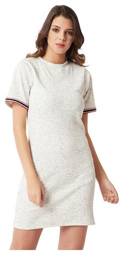 

Women Off-White Round Neck Half Sleeve Cotton Solid Textured Ribbed Twill Tape Detailing Mini Shift Dress