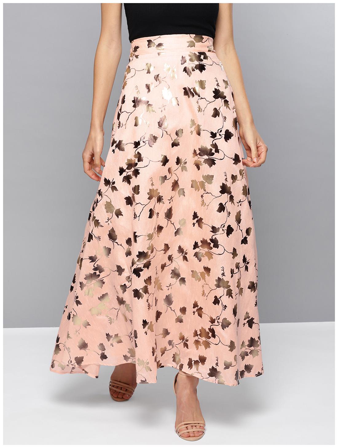

Women Peach Golden Printed Maxi Skirt