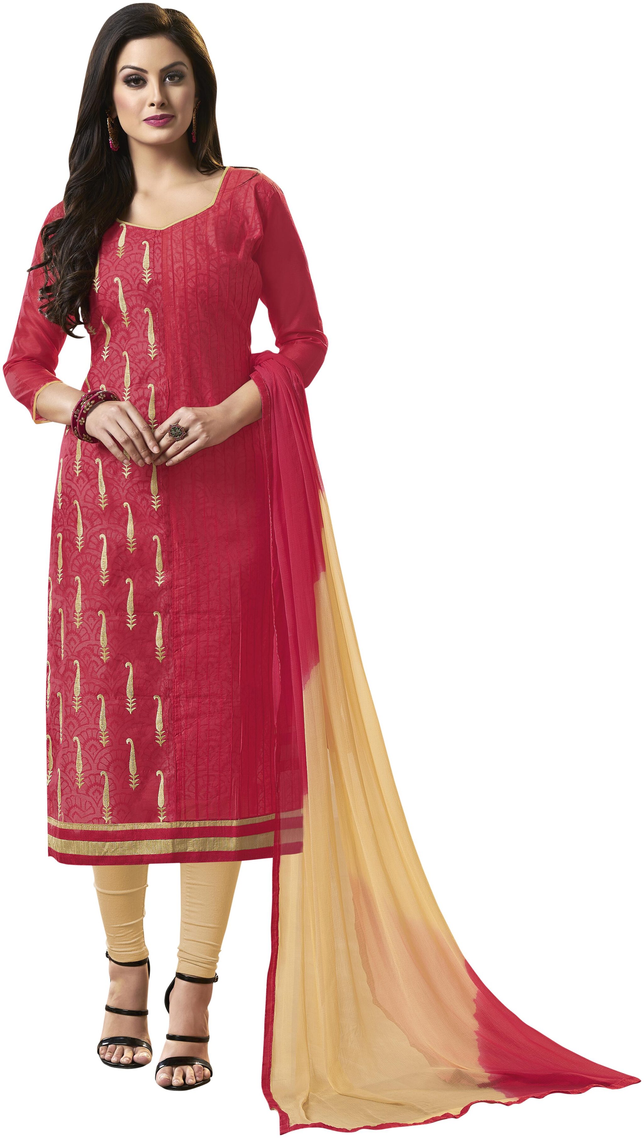 

Women Pink Semi Stitched Embroidered Cotton Blend Dress Material