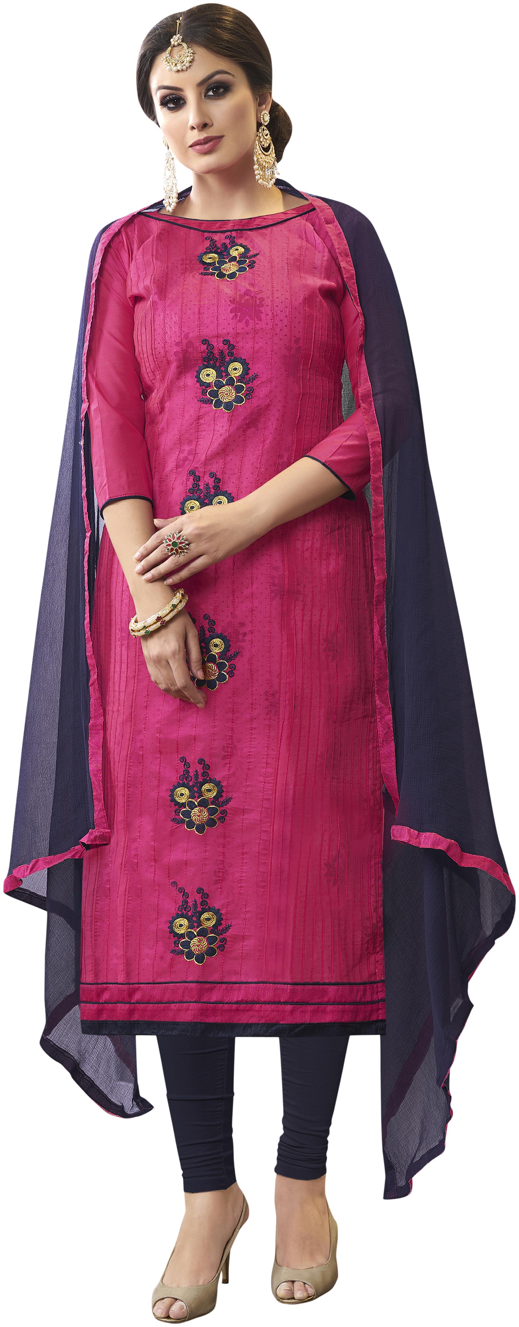 

Women Pink Semi Stitched Embroidered Cotton Blend Dress Material