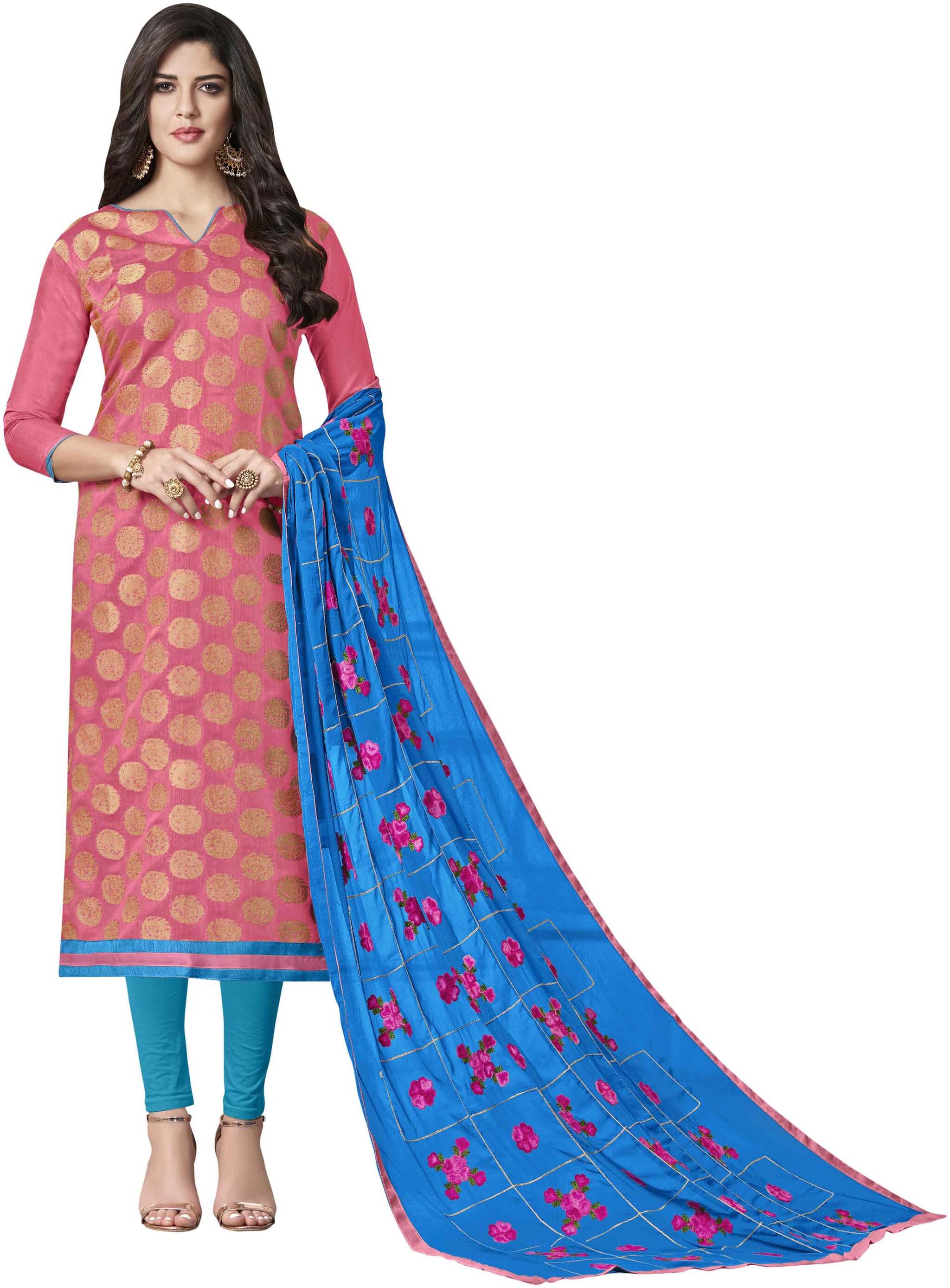 

Women Pink Woven Banarasi Jacquard Dress Material