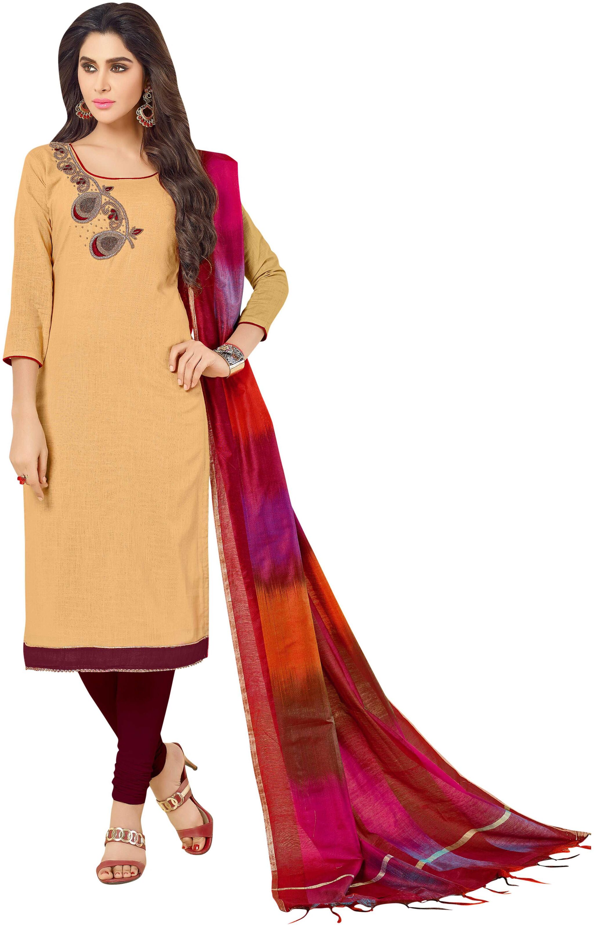

Women S Beige Semi Stitched Embroidered Cotton Slub Dress Material MRSGNGRCNDN1012