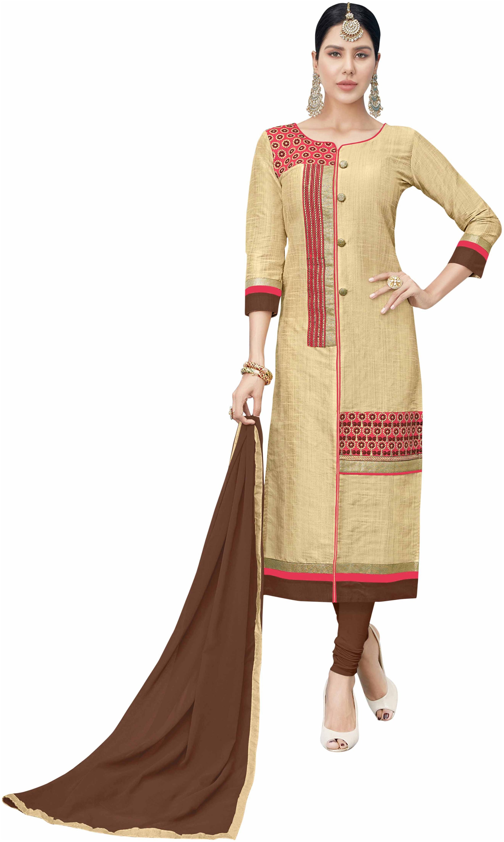 

Women S Beige Semi Stitched Embroidered Cotton Silk Dress Material