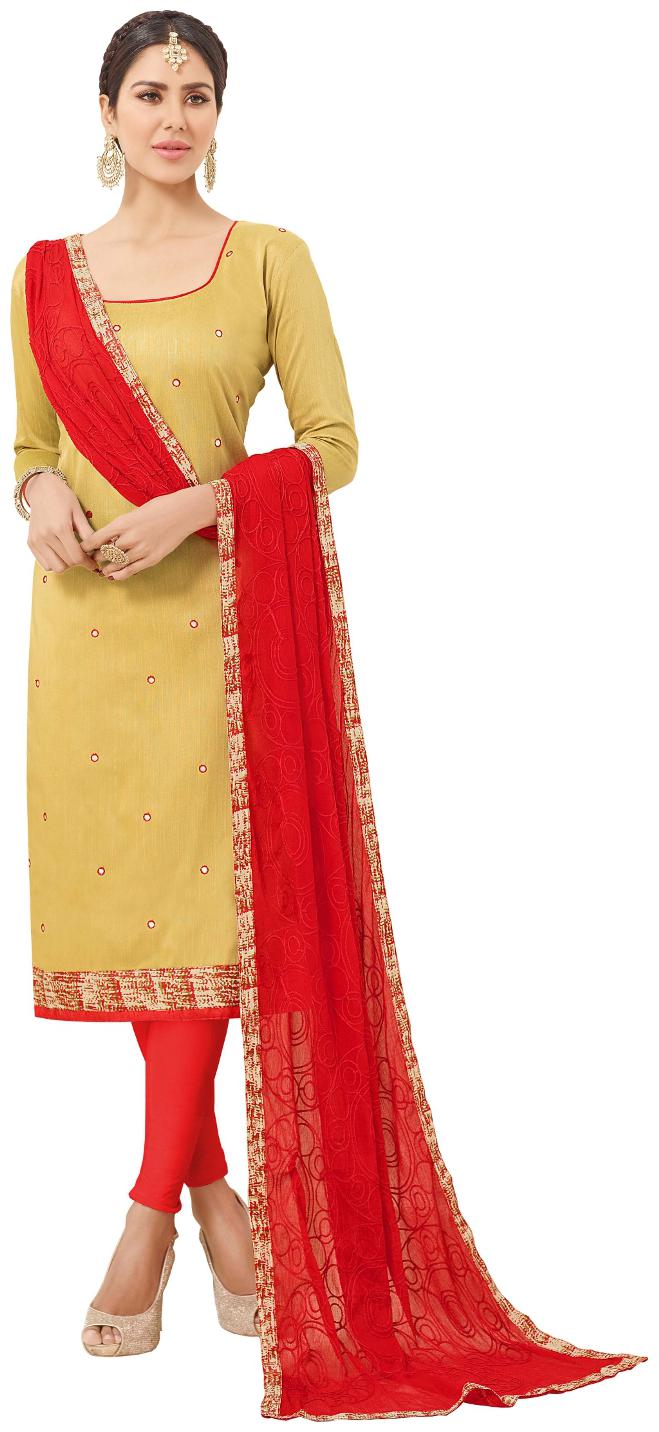 

Women s Beige Semi Stitched Embroidered Cotton Slub Dress Material