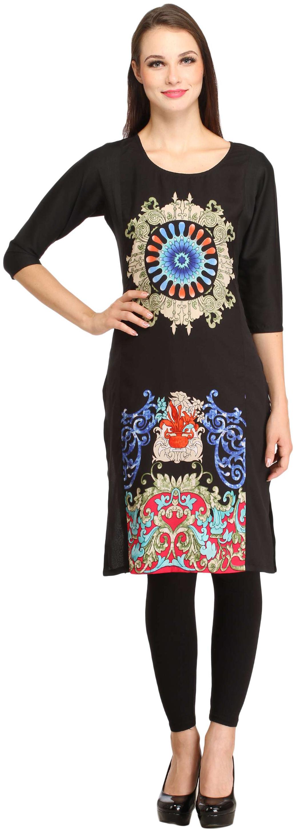

Women s Black Embroidery Print Crepe Kurta