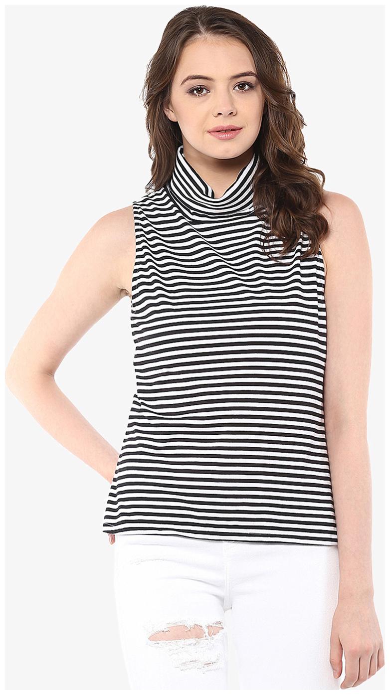 

Miss Chase Women s Black White Sleeveless High Neck Striped Top