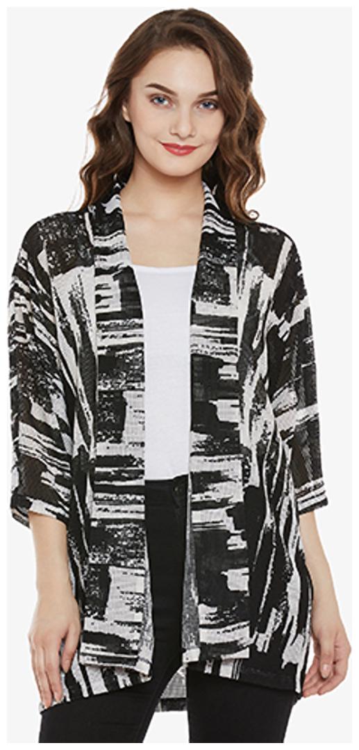 

Miss Chase Women s Black and White Open Front 3 4 Sleeve Abstract Print Asymmetrical Hemline Shawl Collar Shrug