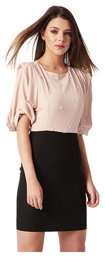 

Women s Black Beige Round Neck Pleated Half Sleeves Solid Pearl Detailing Mini Bodycon Dress