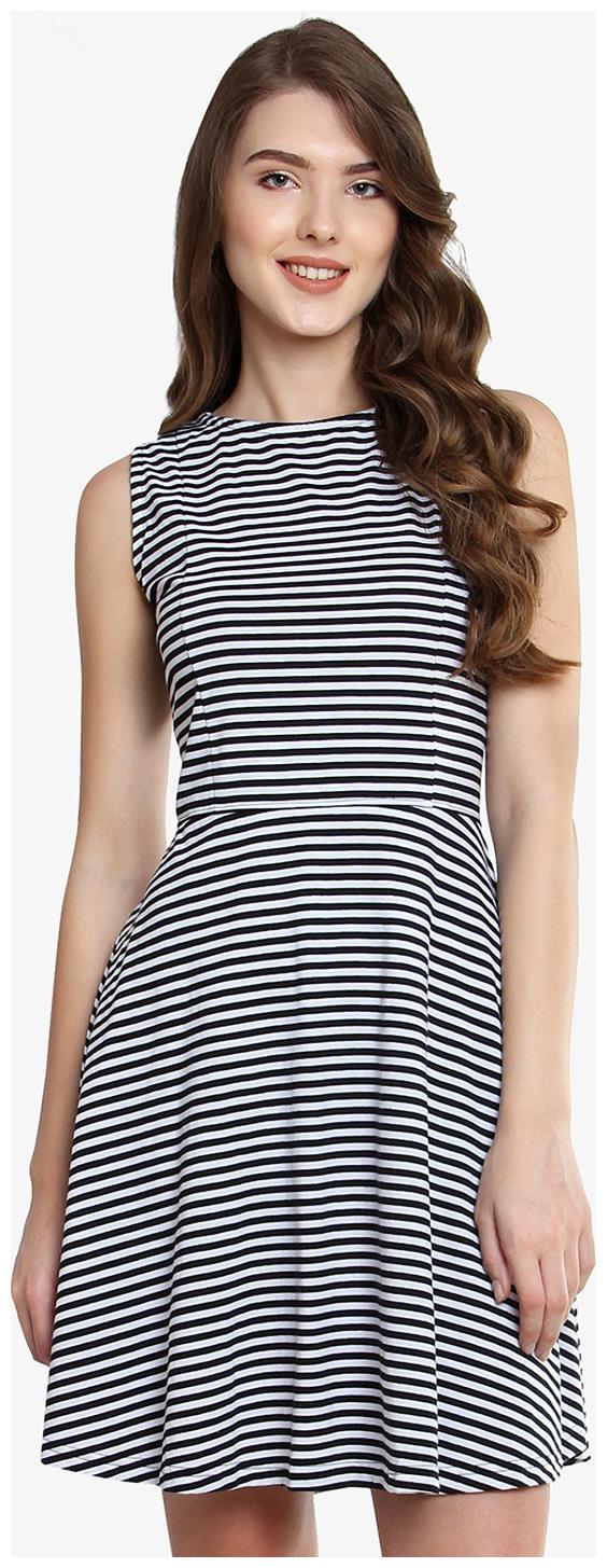 

Miss Chase Women s Black and White Round Neck Sleeveless Striped Mini Skater Dress