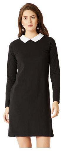 

Women s Black Collared Round Neck Full Sleeves Cotton Solid Mini Shift Dress