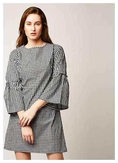 

Women s Black And White Round Neck 3 4 Sleeve Cotton Checkered Ruffled Gathered Mini Shift Dress