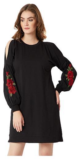 

Women s Black Round Neck Full Sleeve Cotton Solid Paneled Embroidered Patch Work Balloon Sleeve Mini Shift Dress