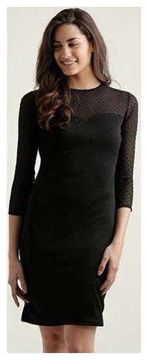 

Women s Black Round Neck 3 4 Sleeve Solid Sheer Detailing Mini Lace Shift Dress