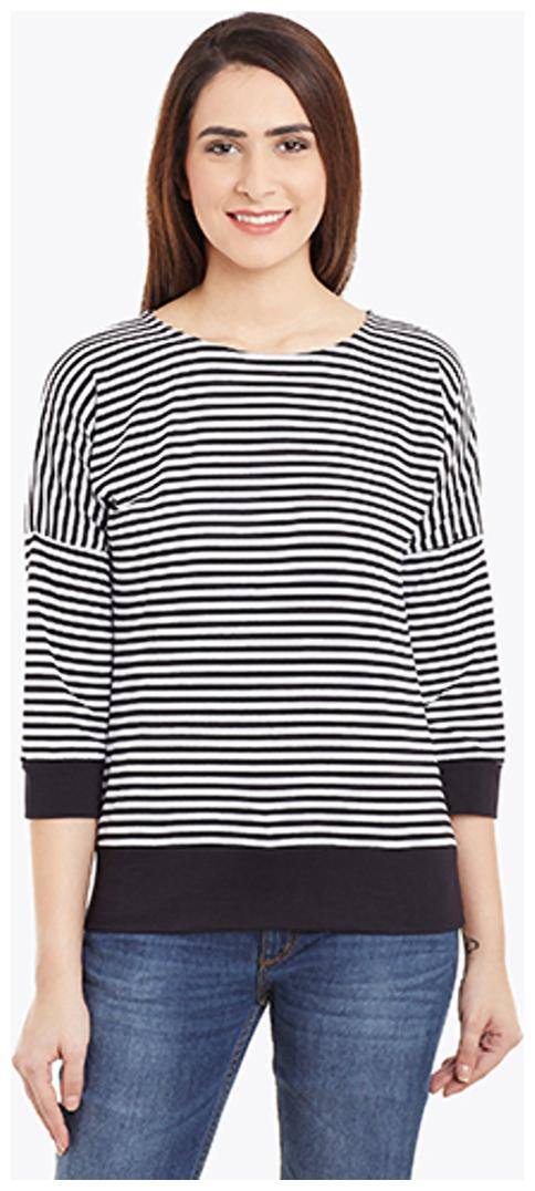 Miss Chase Women's Black & White 3/4 Sleeves Round Neck Striped Tops