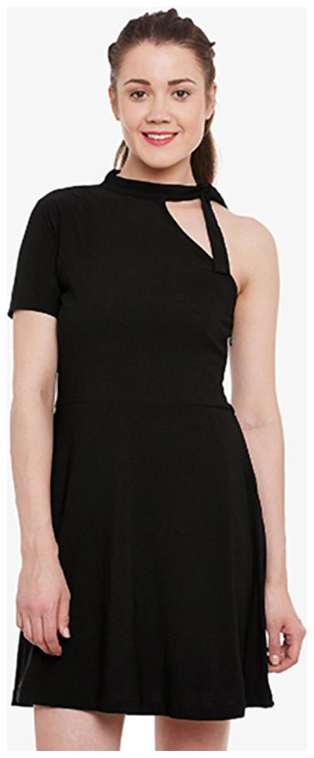 

Miss Chase Women s Black Round Neck One-Shoulder Solid Mini Dress