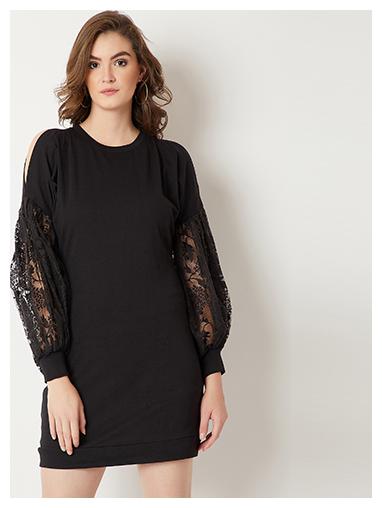 

Women s Black Round Neck Full Sleeve Cotton Solid Gathered Lace Detailing Balloon Sleeve Mini Shift Dress