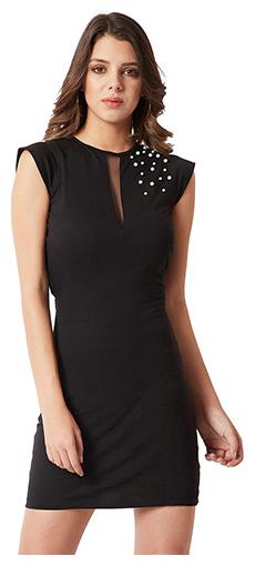 

Women s Black Round Neck Sleeveless Cotton Solid Embellished Mini Bodycon Dress