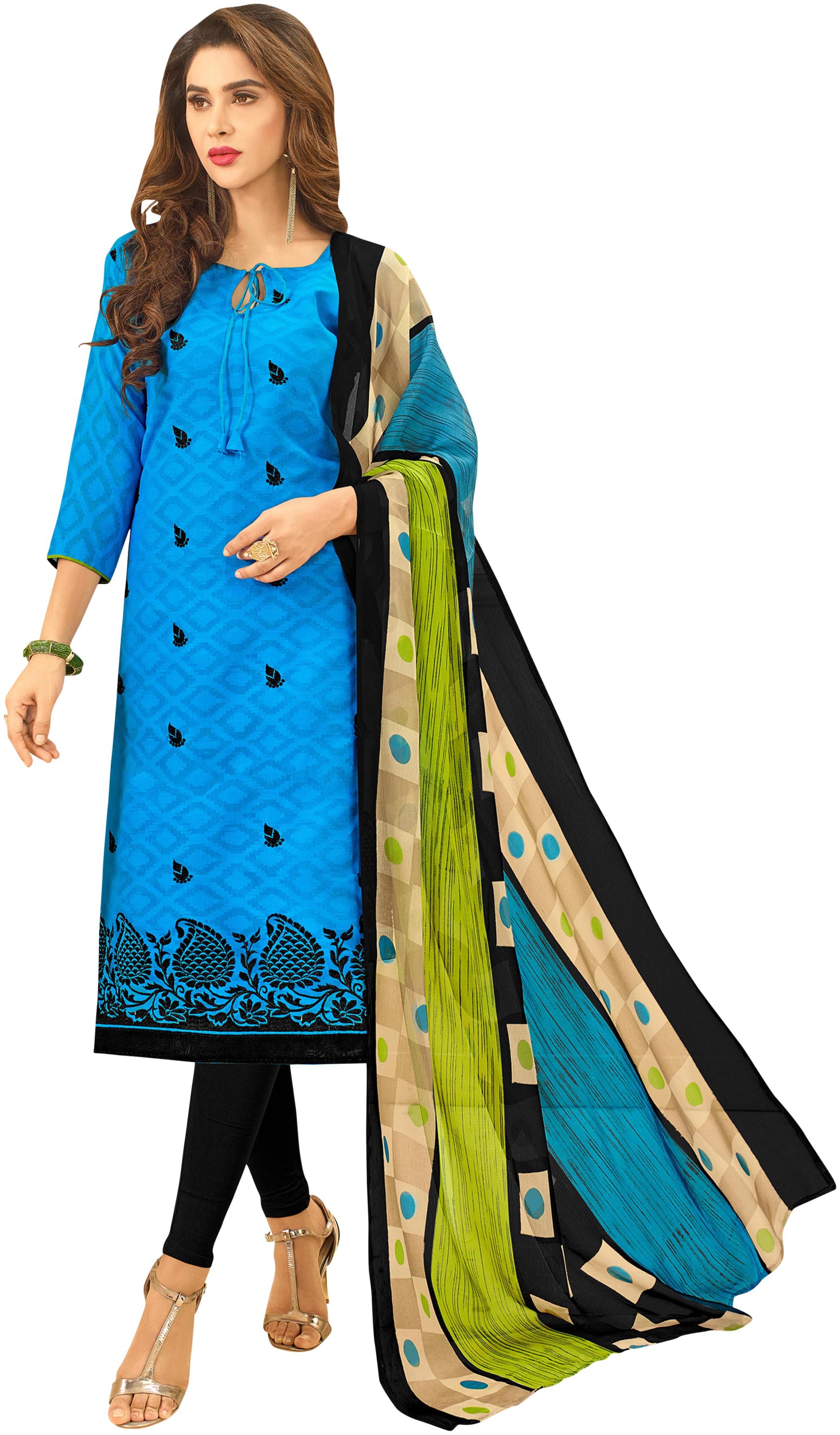 

Women S Blue Semi Stitched Embroidered Jacquard Dress Material