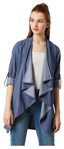 

Women s Blue V-Neck Rolled Up 3 4 Sleeve Solid Regular Length Waterfall Open Front Denim Shrug