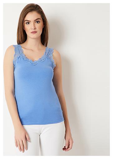 

Women s Blue V-Neck Sleeveless Solid Lace Tank Top