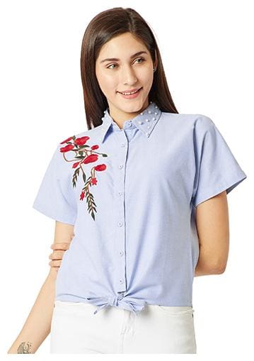 Miss Chase Women's Blue Round Neck Continuous Half Sleeve Cotton Solid Embroidered Tie-Up Pearl Detailing Boxy Shirt