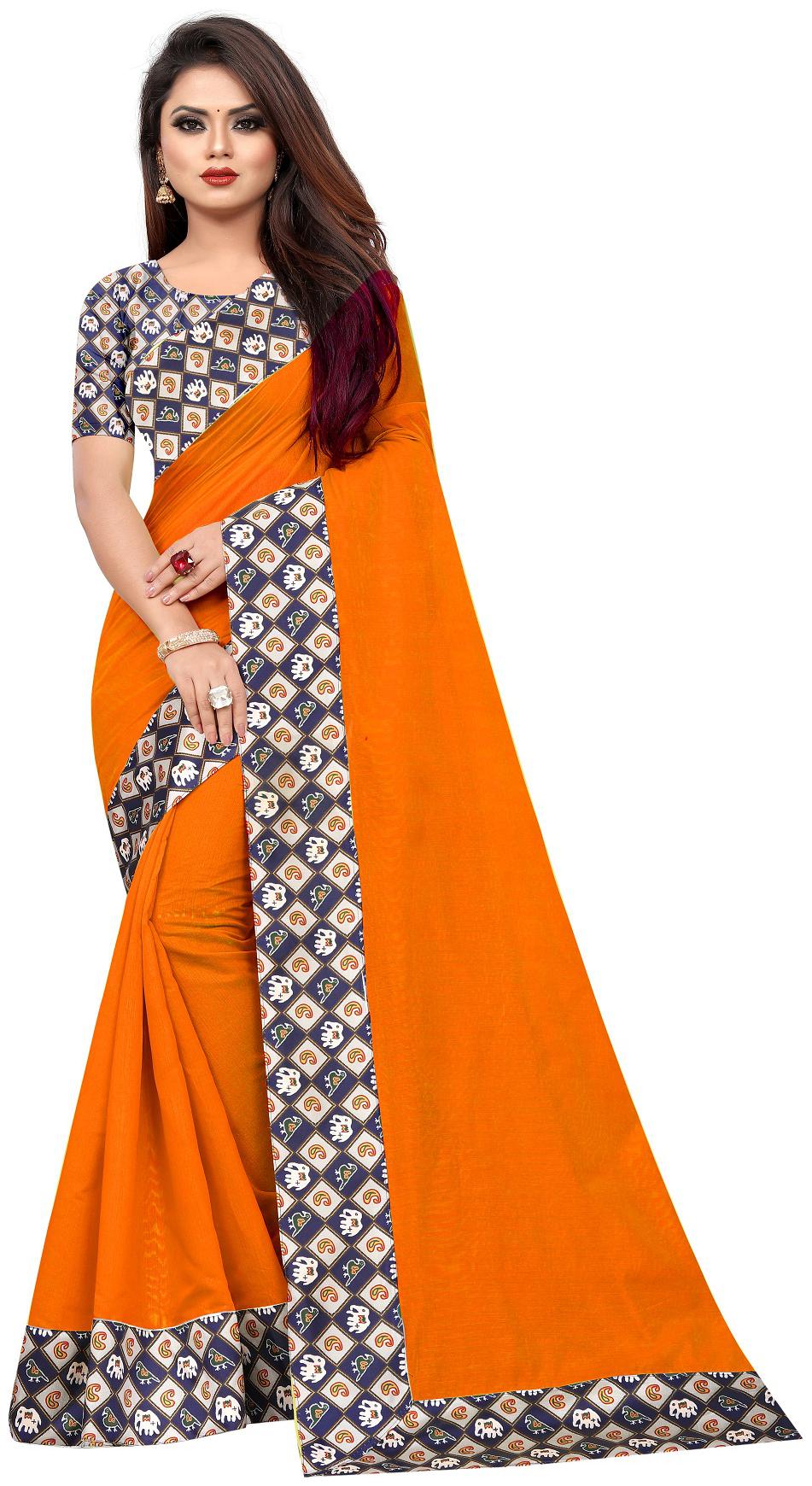 

Women s Fancy Orange Color Chenderi Cotton Saree With Blouse Piece