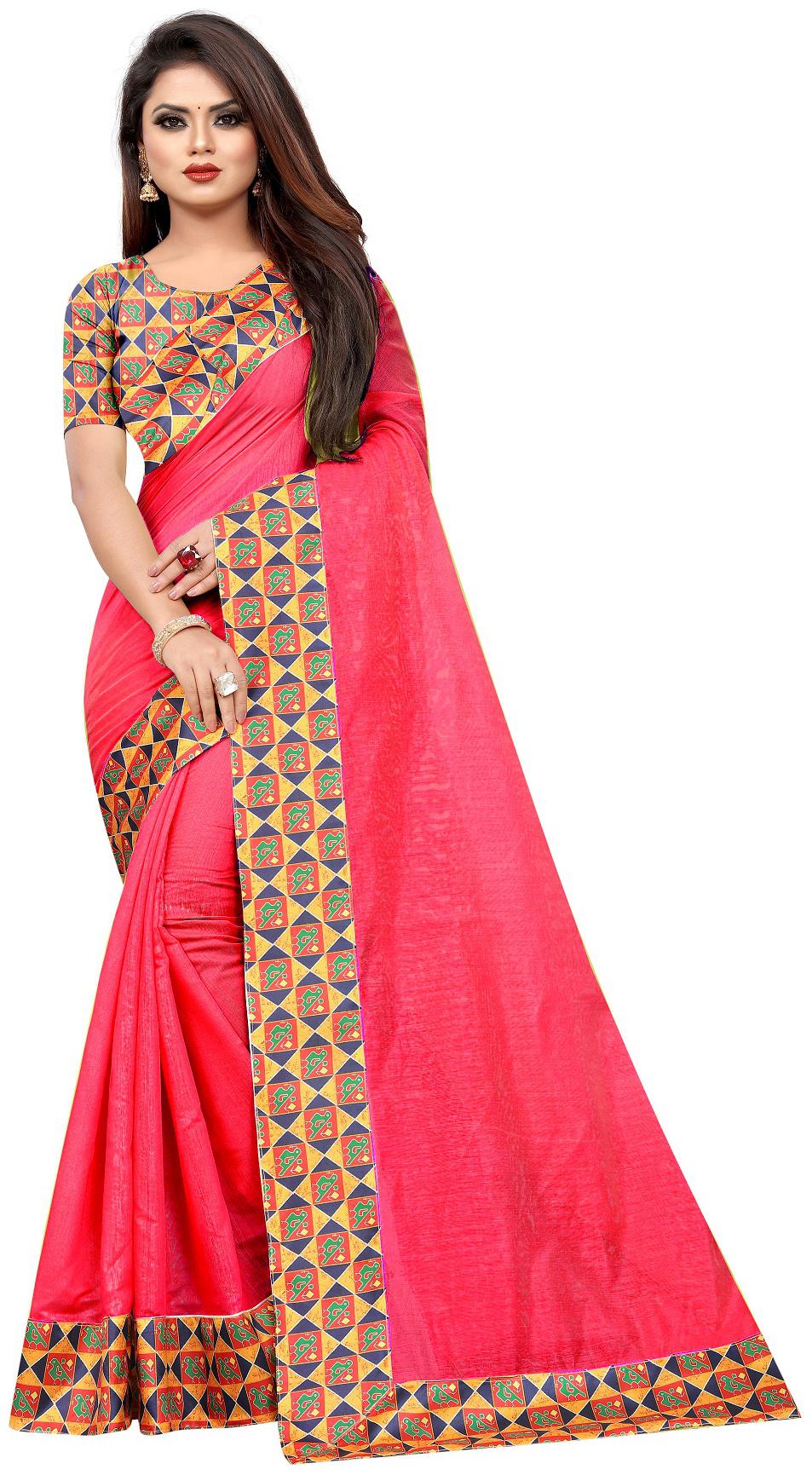 

Women s Fancy Peach Color Chenderi Cotton Saree With Blouse Piece