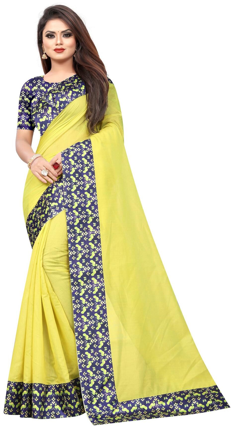 

Women s Fancy Yellow Color Chenderi Cotton Saree With Blouse Piece