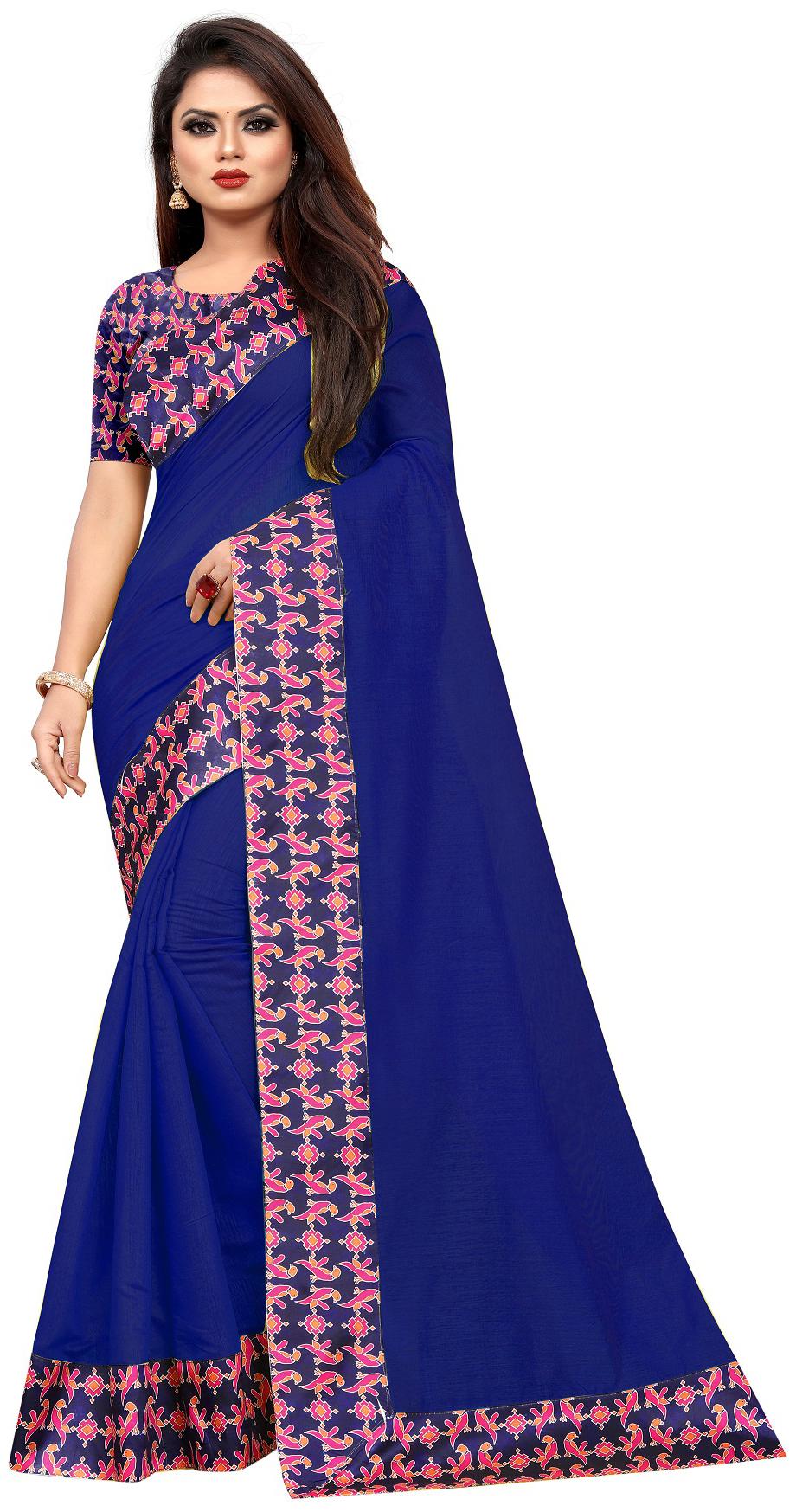 

Women s Fancy Blue Color Chenderi Cotton Saree With Blouse Piece