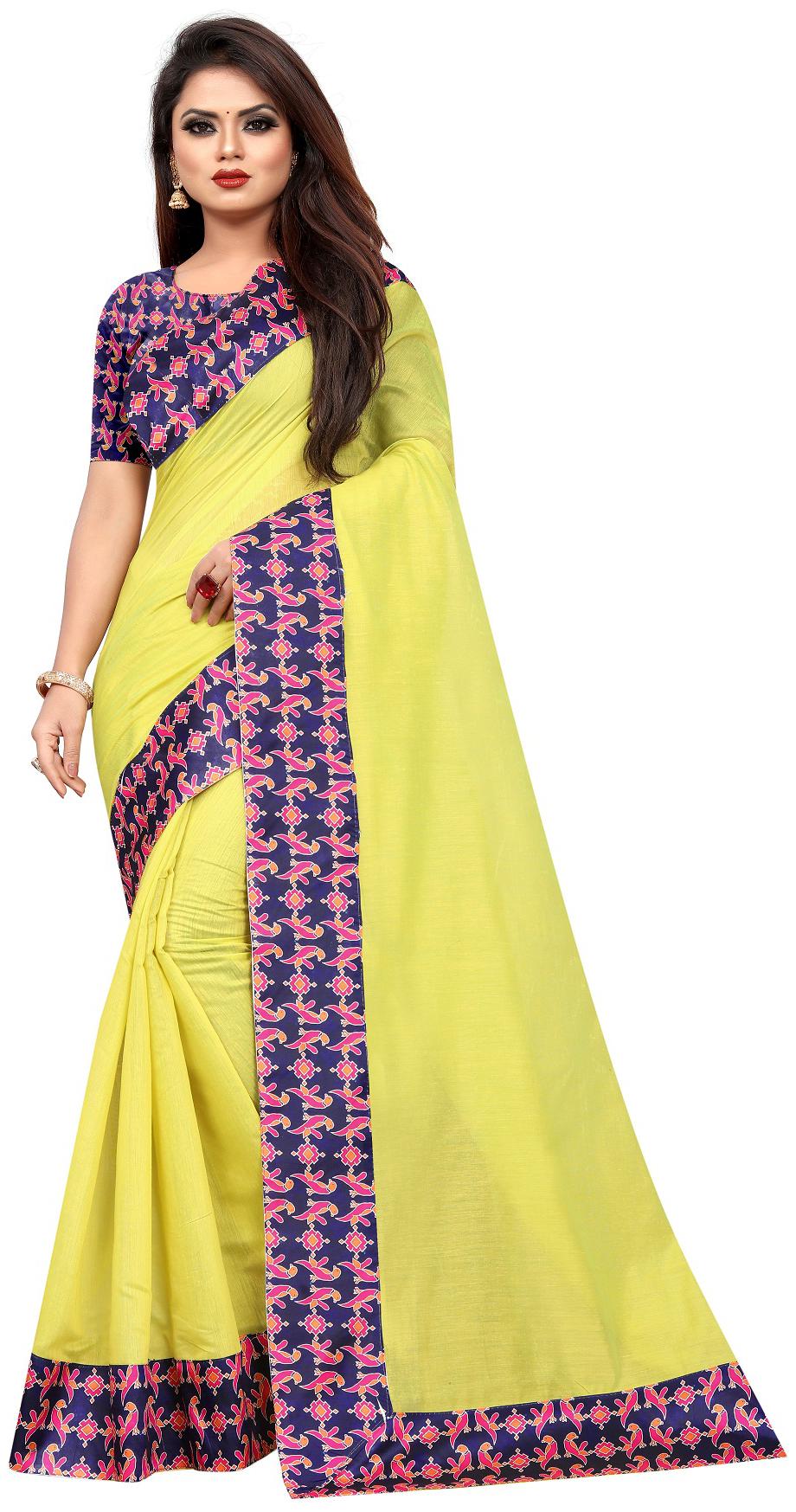 

Women s Fancy Yellow Color Chenderi Cotton Saree With Blouse Piece