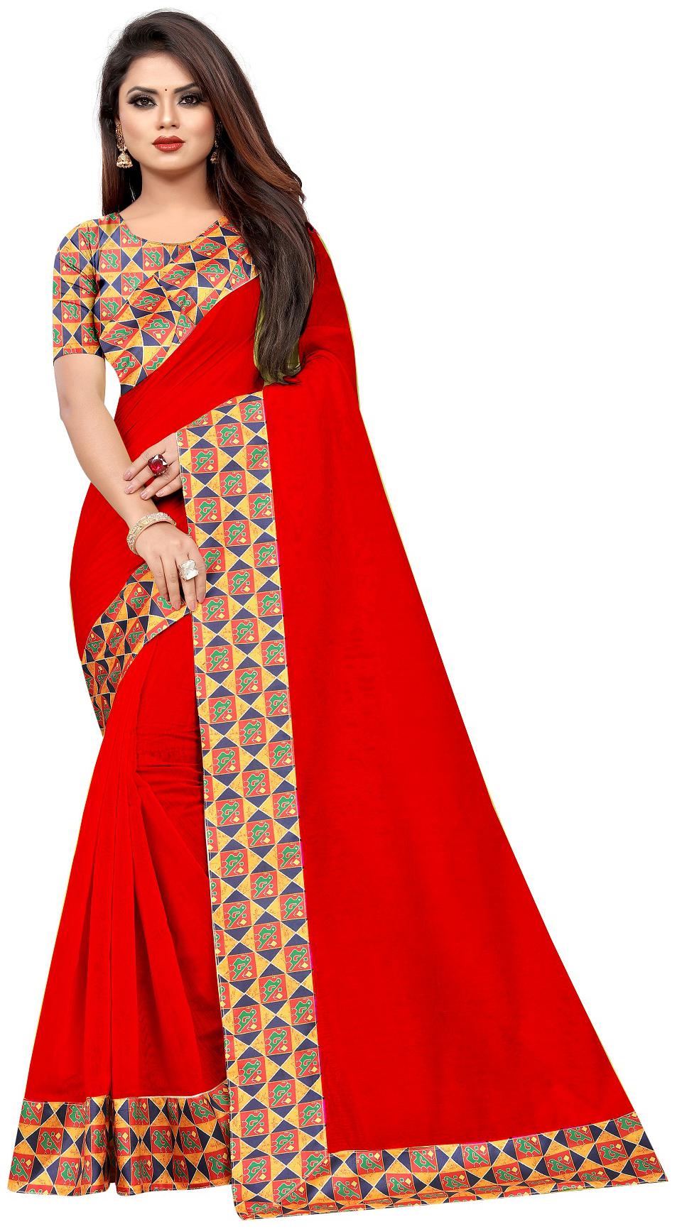 

Women s Fancy Red Color Chenderi Cotton Saree With Blouse Piece