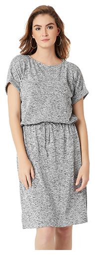 

Women s Grey Round Neck Half Sleeve Cotton Solid Paneled Knee-Long Shift Dress