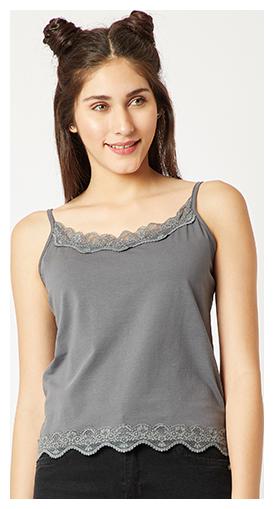 

Women s Grey Round Neck Sleeveless Embroidered Lace Tank Top