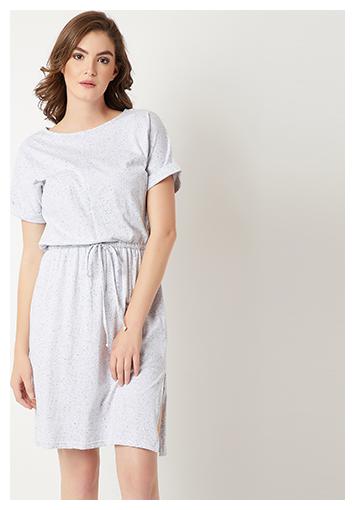 

Women s Grey Round Neck Half Sleeve Solid Knee-Long Panelled Shift Dress