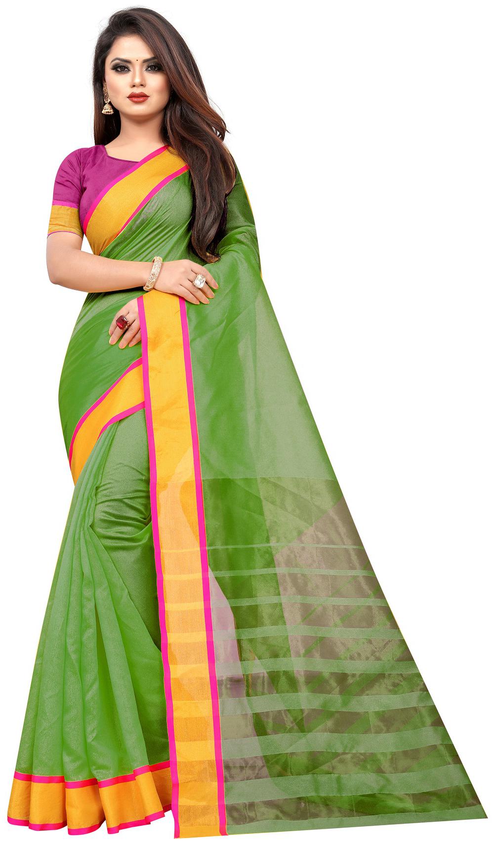 

Women s Latest Design Green Color Polycotton Saree With Blouse Piece