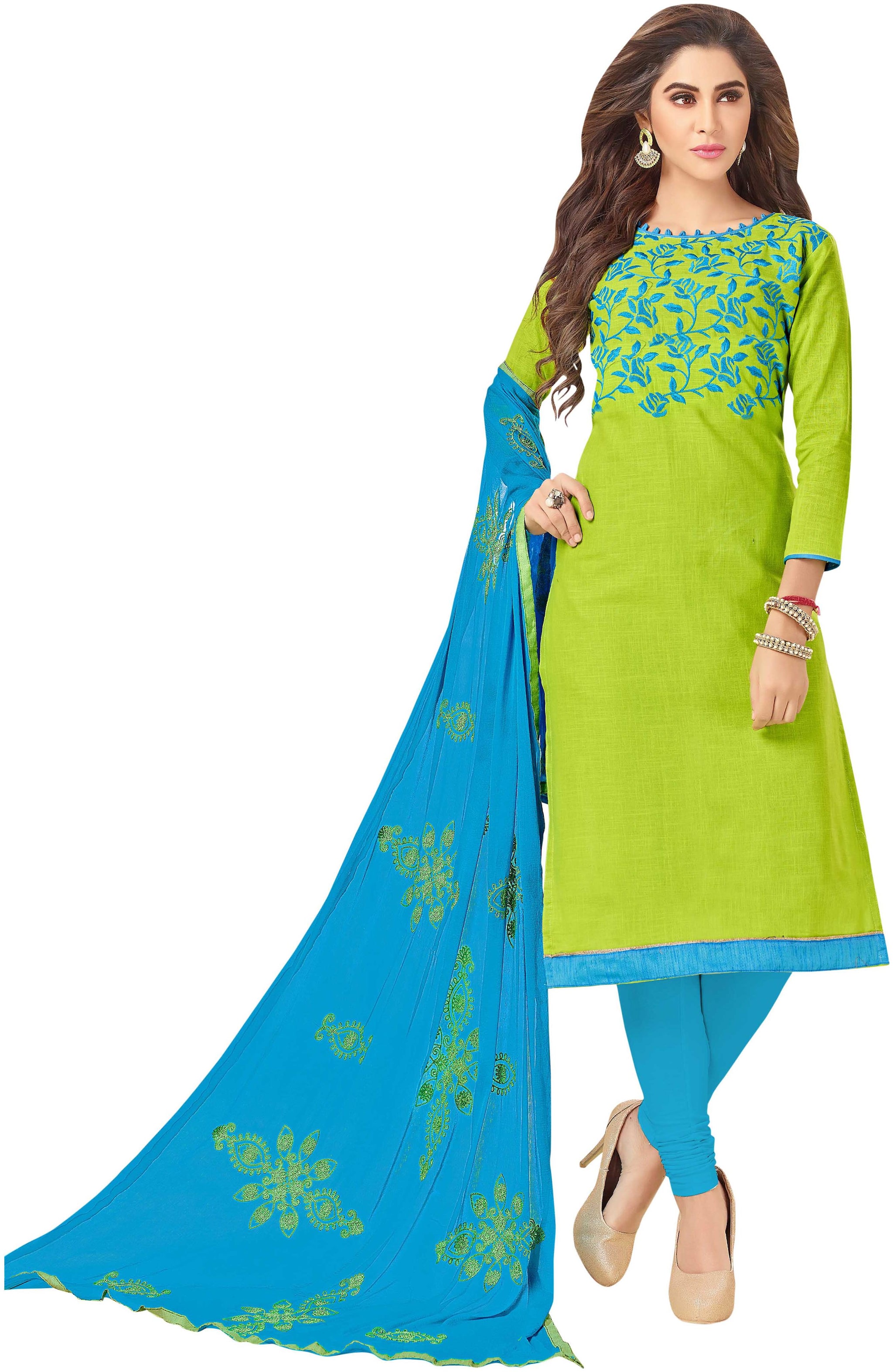 

Women S Light Green Semi Stitched Embroidered Cotton Slub Dress Material