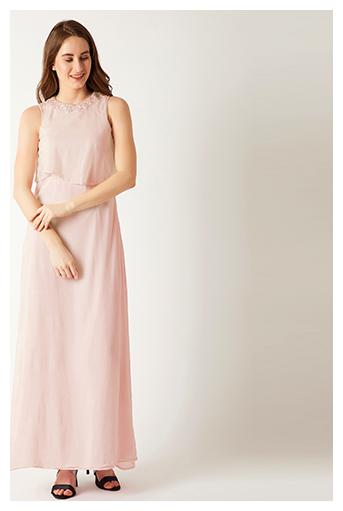 

Women s Light Pink Round Neck Sleeveless Solid Layered Sequin Maxi Dress