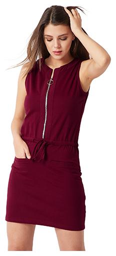 

Women s Magenta Round Neck Sleeveless Cotton Solid Belted Zippered Mini Shift Dress