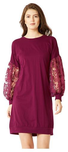 

Women s Magenta Round Neck Full Sleeve Cotton Solid Gathered Lace Detailing Balloon Sleeve Mini Shift Dress