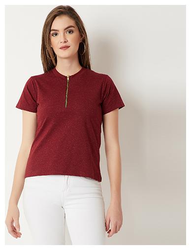 

Women s Maroon Round Neck Half Sleeve Cotton Solid Zippered High Neck Top