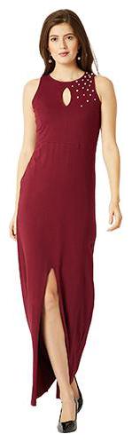 

Women s Maroon Round Neck Sleeveless Cotton Solid Cut-Out Embellished Bodycon Maxi Dress