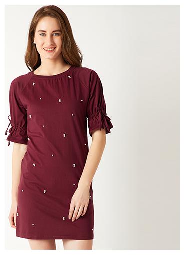 

Women s Maroon Round Neck Half Sleeve Cotton Solid Gathered Pearl Detailing Mini Shift Dress