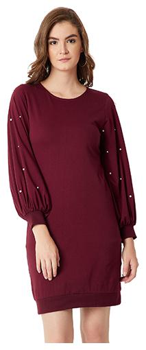 

Women s Maroon Round Neck Balloon Style Full Sleeve Cotton Solid Gathered Pearl Detailing Mini Shift Dress