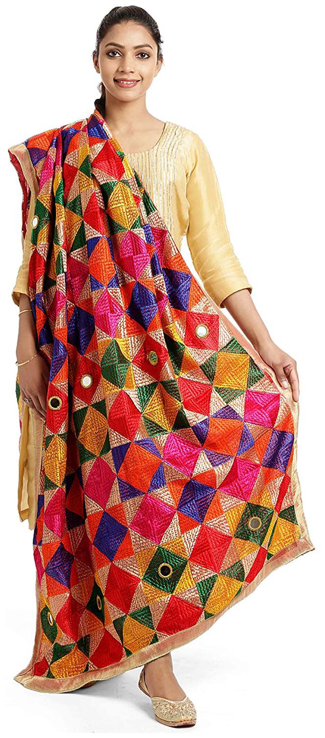 

Women s Mirror Work Phulkari Dupatta ( Multicolour Fulkari Chunni Free Size)