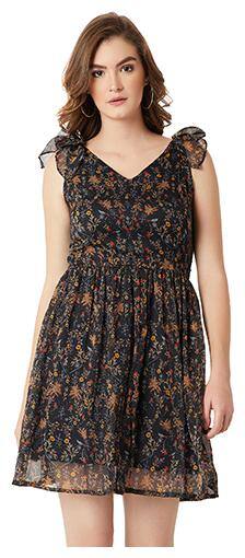 Miss Chase Women's Multicolored V-Neck Sleeveless Bow Detail Floral Mini Skater Dress